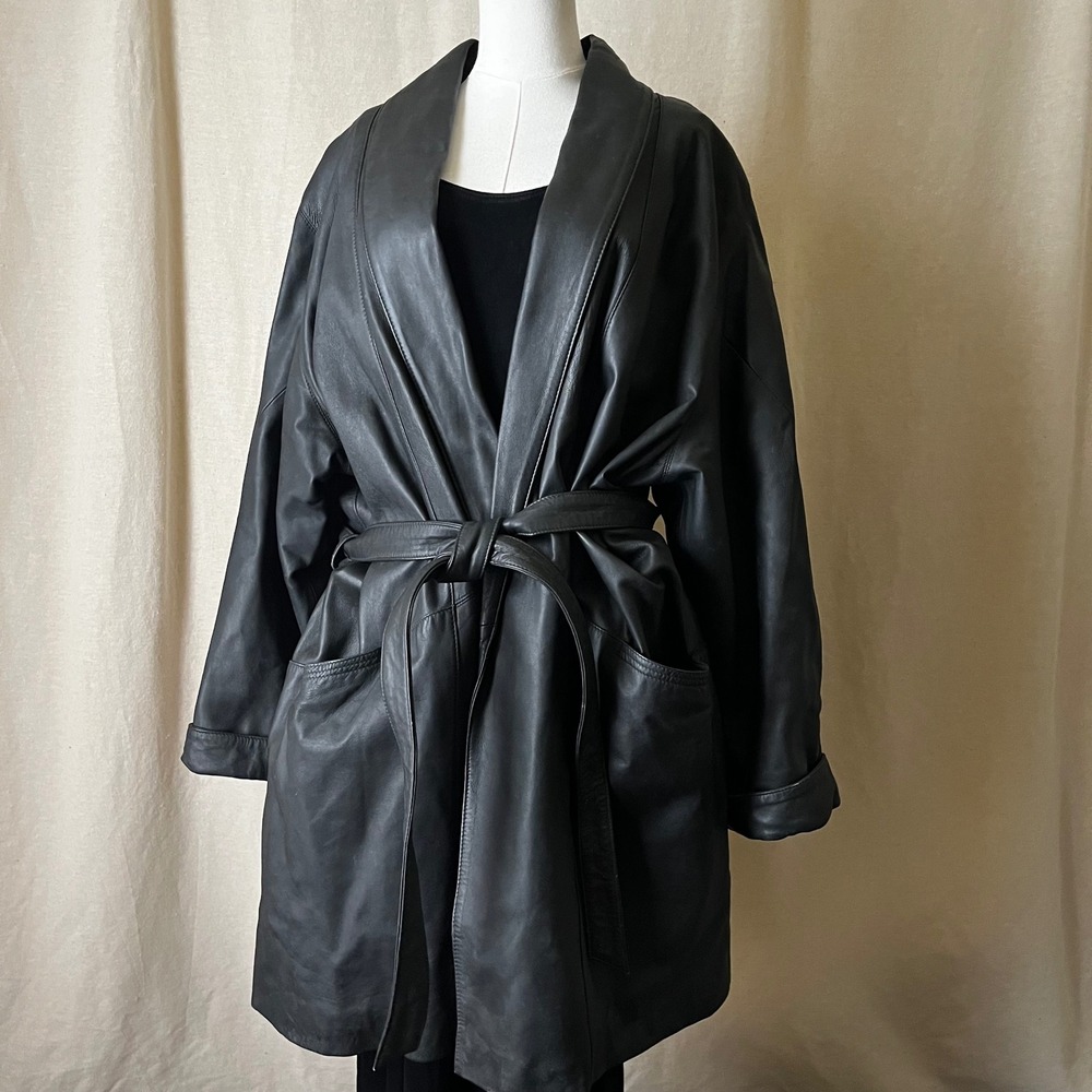 Vintage Black‎ Leather Wrap Coat Belted Oversized 3XL Soft Minimal